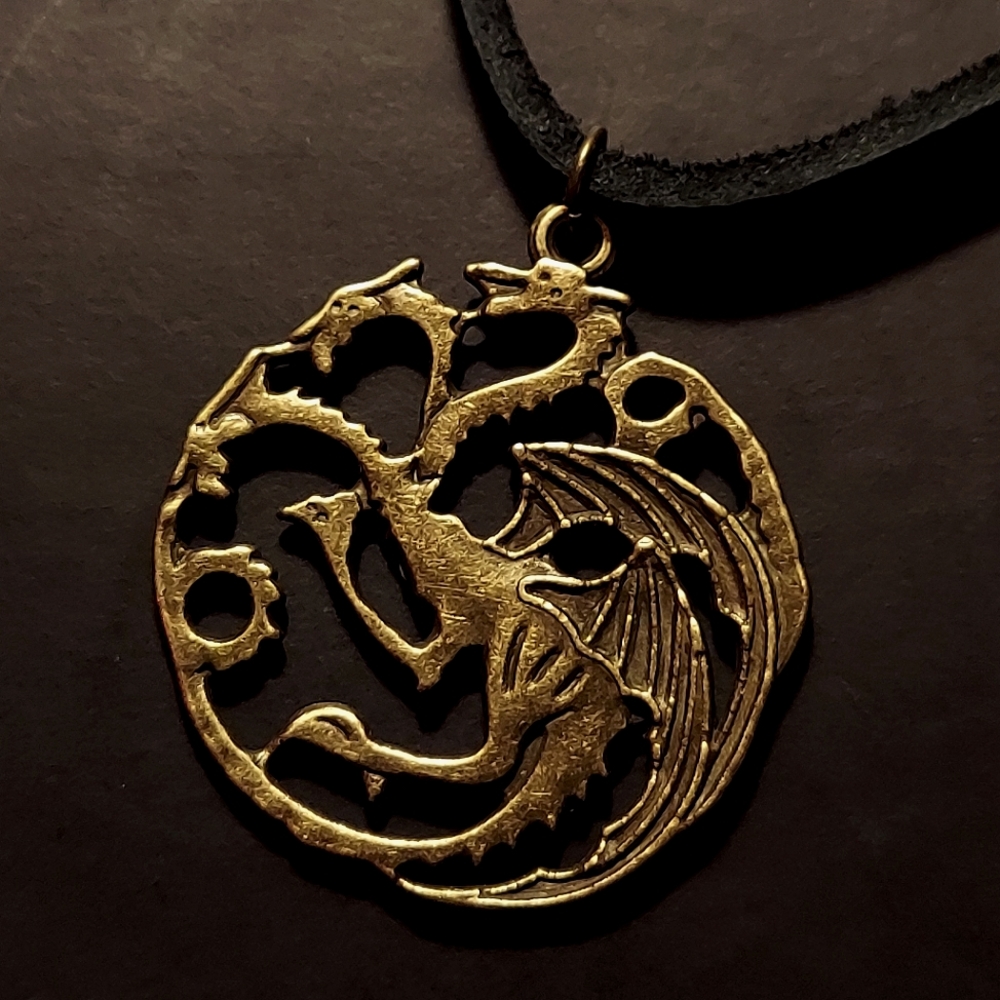 Handmade Gothic Bronze 9½ in. 3-Headed Dragon Necklace w/leather cord